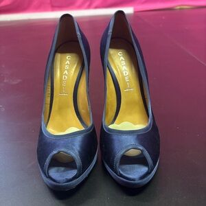 Casadei Deep Navy Satin Peep-Toe Silhouette Heels